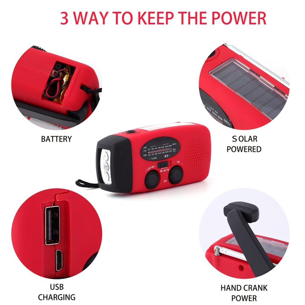 Infographic showing 3 way charging methods including USB solar panel and hand crank power