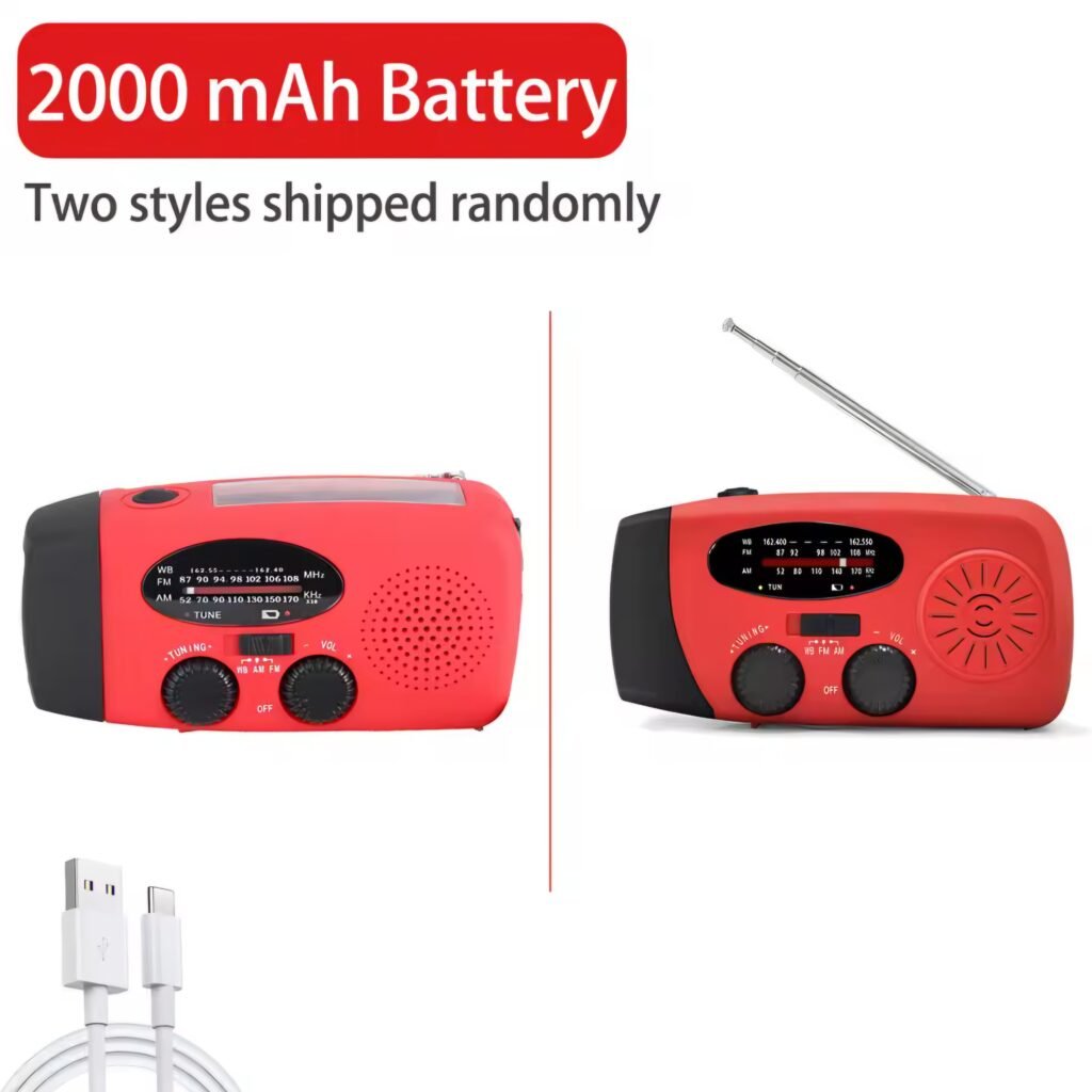 Red 2000mAh emergency radio showing front and back design with charging cable
