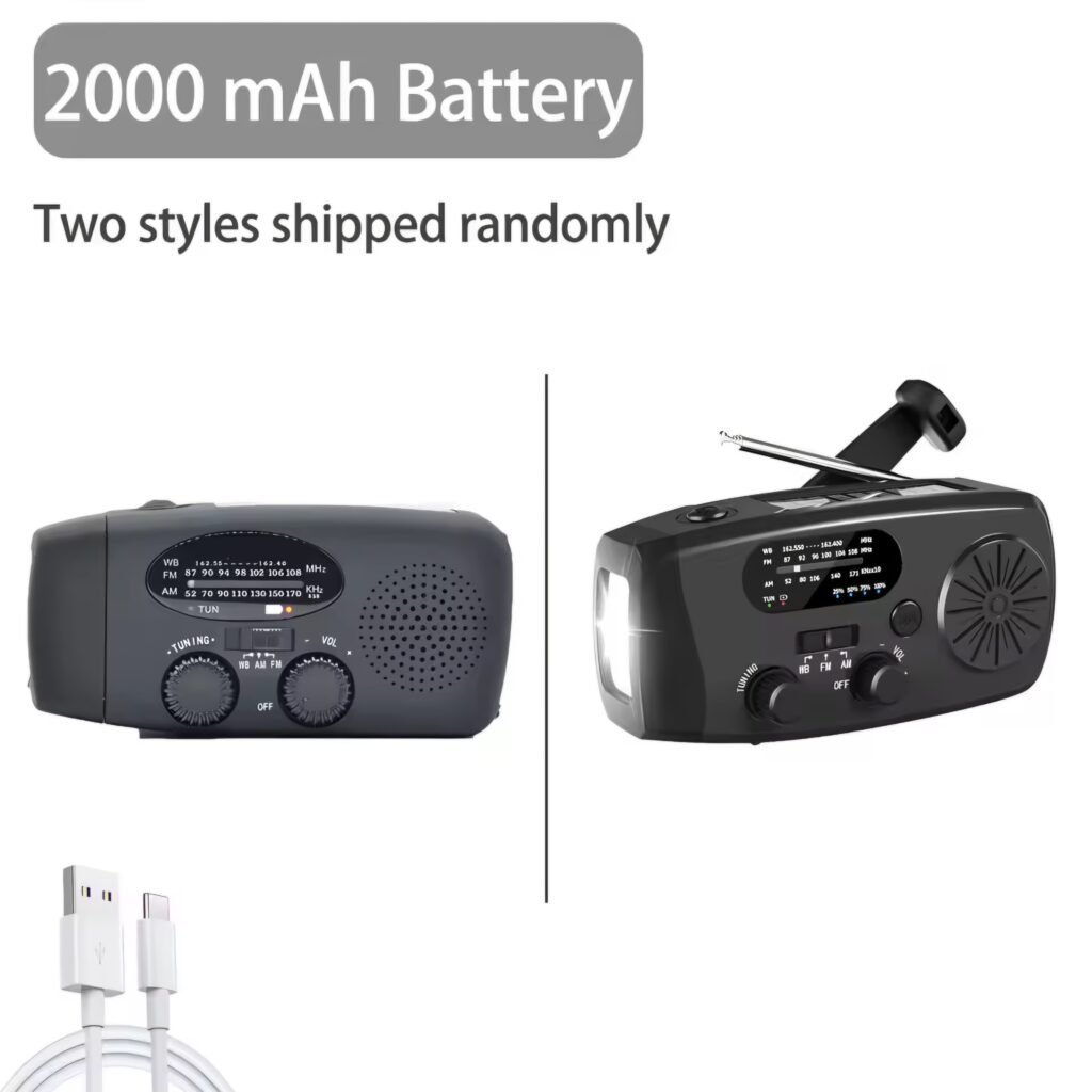Black 2000mAh solar radio showing front controls and side LED flashlight