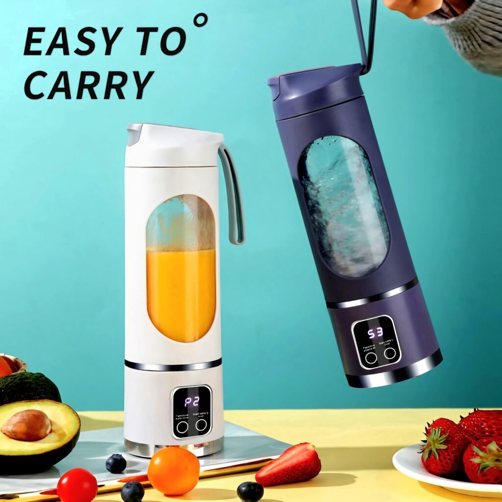 HS-860 portable fruit juicer in white and purple colors blending fresh orange juice
