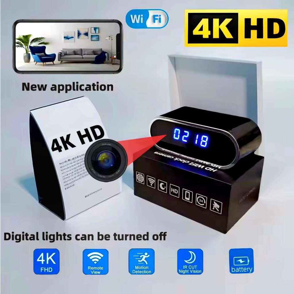 4K HD WiFi Mini Camera Clock disguised as a digital clock, showing features and app view