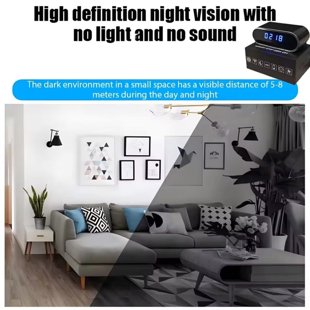 High definition night vision display from the mini camera clock showing a room without light or sound