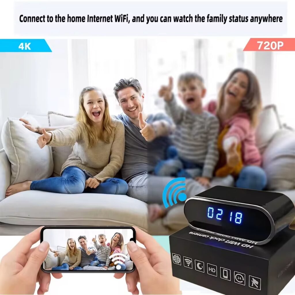Smartphone showing live view from 4K HD WiFi Mini Camera Clock with family in living room