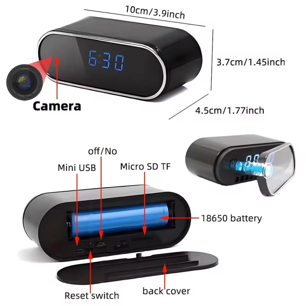 Exploded view of the 4K HD WiFi Mini Camera Clock showing internal battery, Micro SD slot, and dimensions