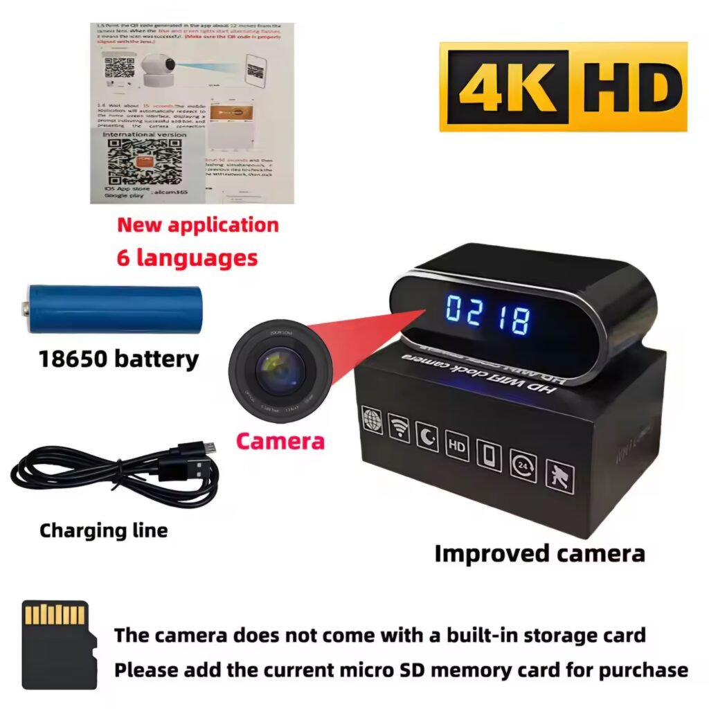 4K HD WiFi Mini Camera Clock highlighting features like new application, multiple languages, and improved camera