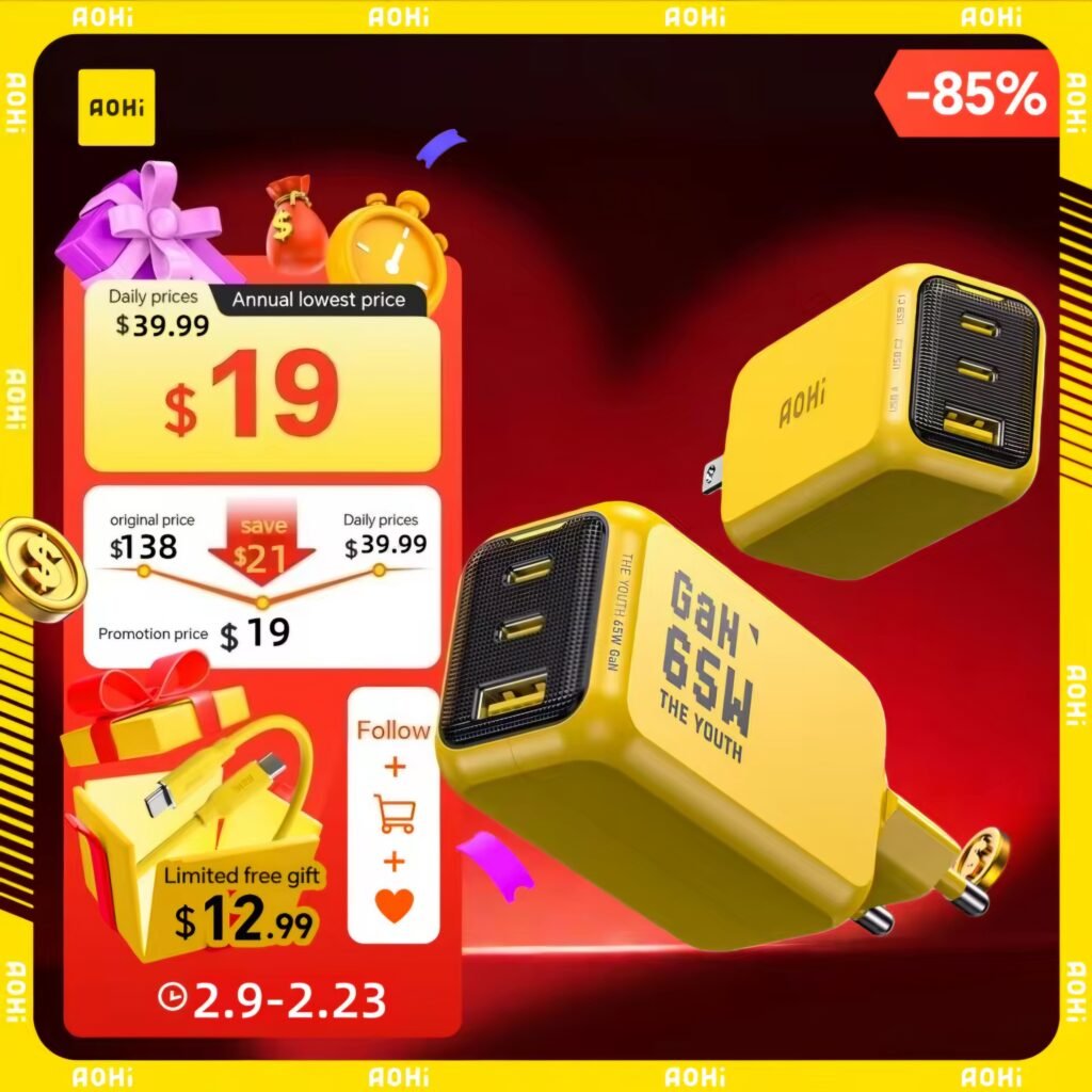 AOHI 65W GaN Charger Review - Yellow 3-port fast charger with PD3.0 and PPS 63W support