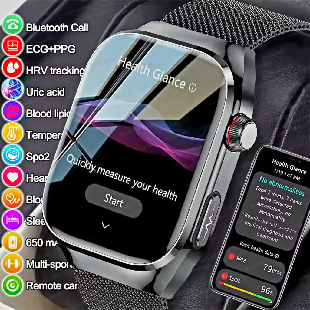 2025 Micro Physical Examination Smart Watch showing 'Health Glance' measurement on screen and app