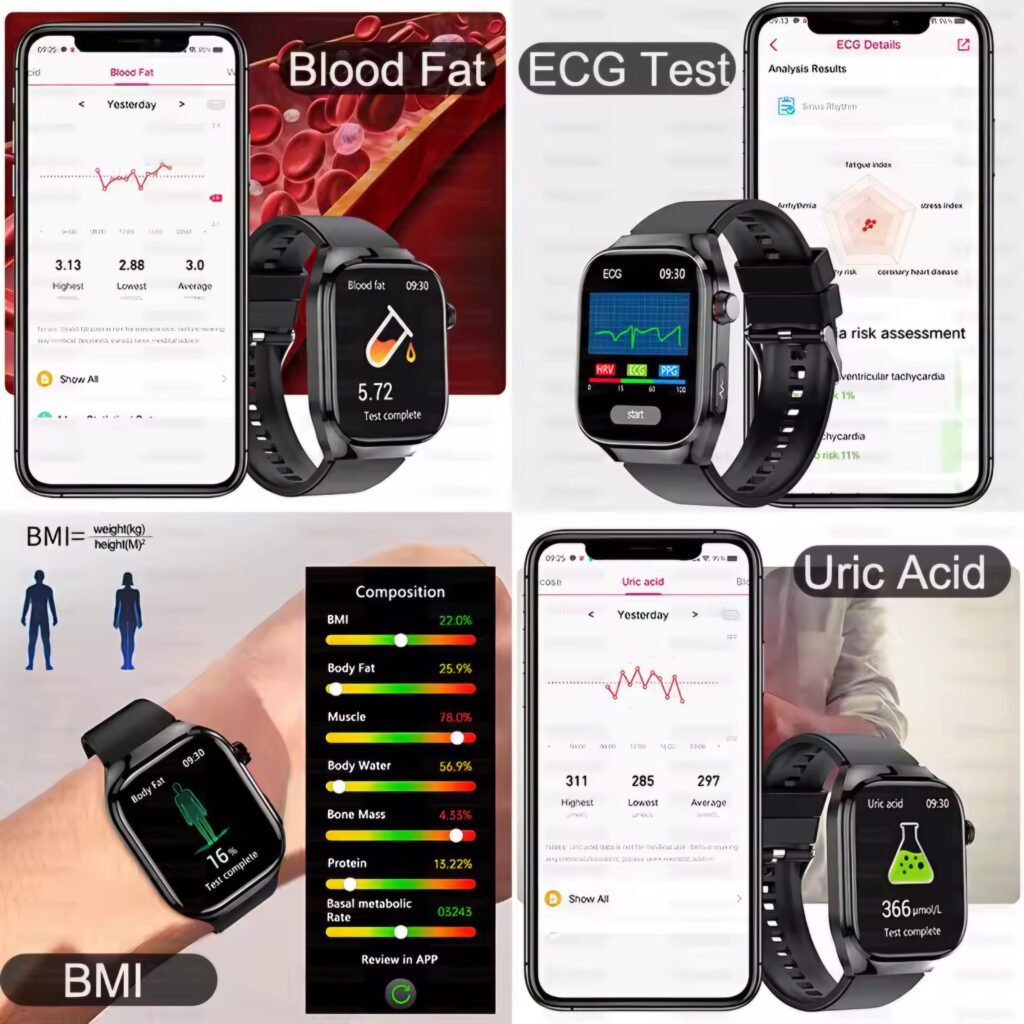 Smartphone app interface showing Blood Fat, ECG, and Uric Acid test results from the 2025 health smart watch