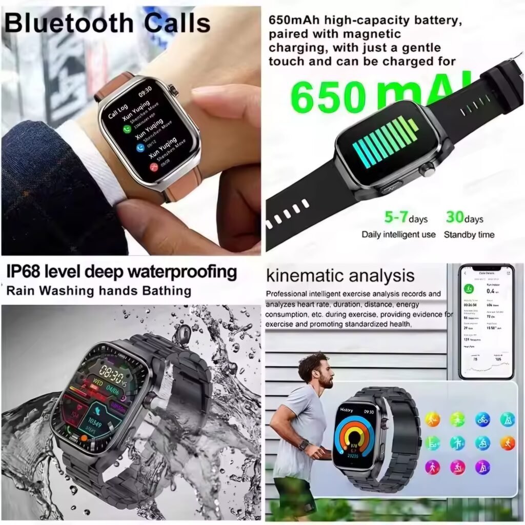 Smartwatch displaying kinematic analysis and IP68 waterproof level while connected for Bluetooth calls
