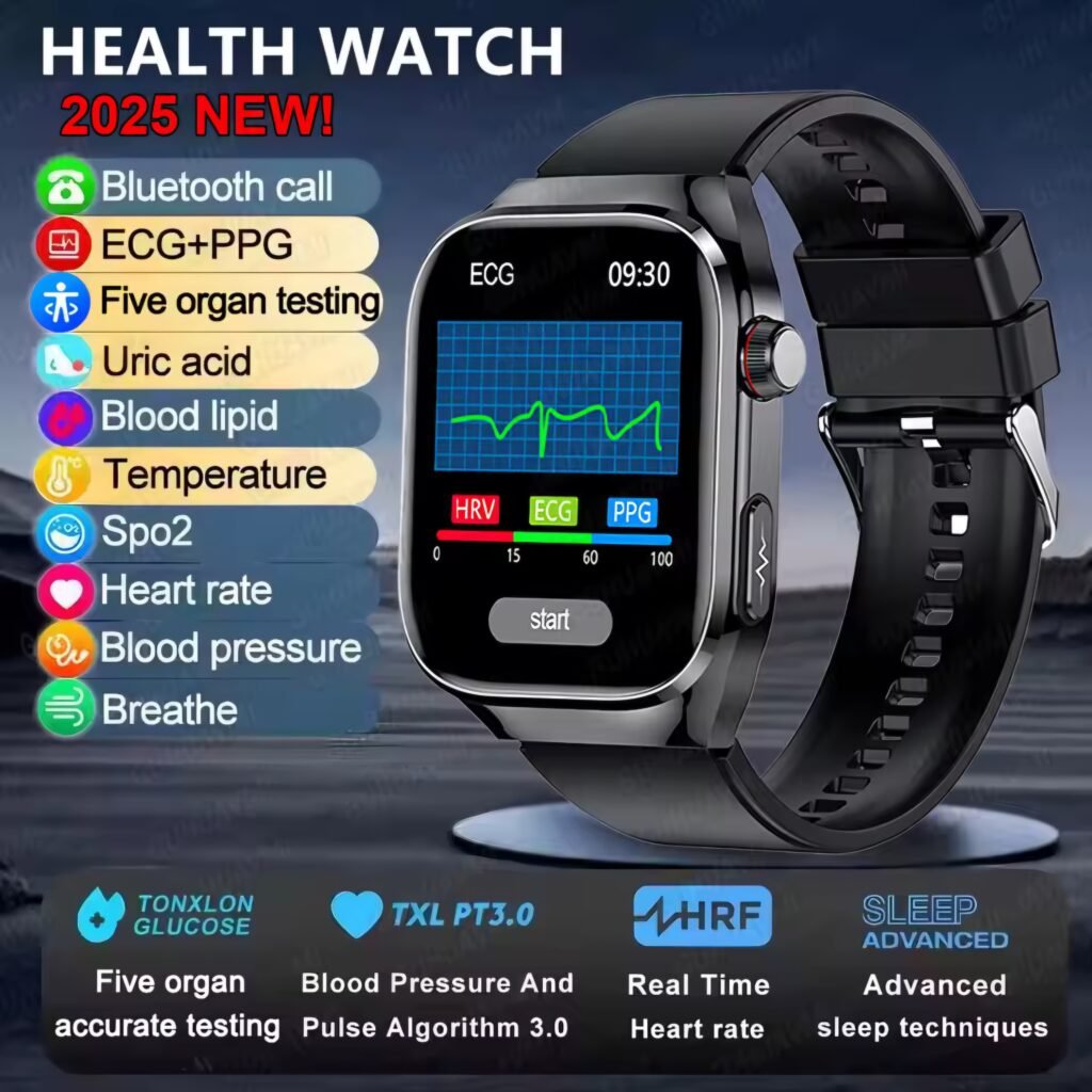2025 new health watch with black band showing an ECG graph on its screen