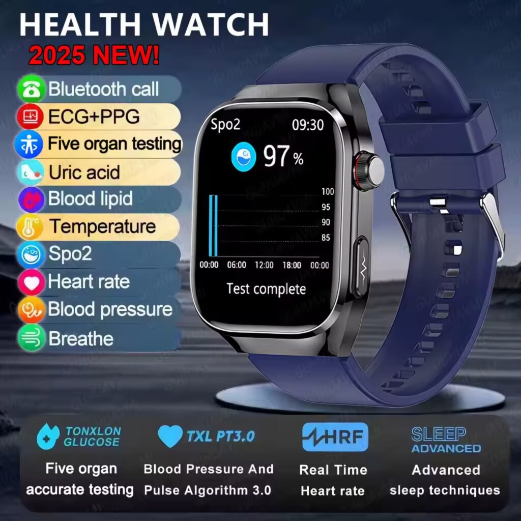 Health watch 2025 new model in blue, showing ECG, PPG, and other health test results on its screen