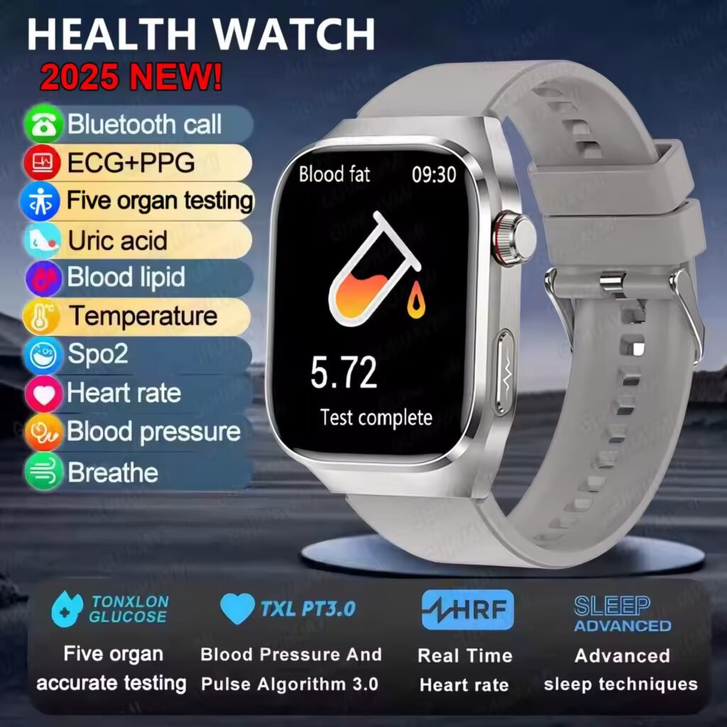 Black 2025 health watch displaying 79 BPM heart rate reading with ECG+PPG status