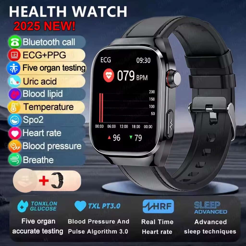 Grey silicone band smartwatch showing 'Blood Fat 5.72 Test Complete' result on its screen