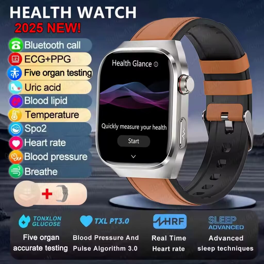 Brown leather band 2025 smartwatch with 'Health Glance' screen ready to measure health metrics