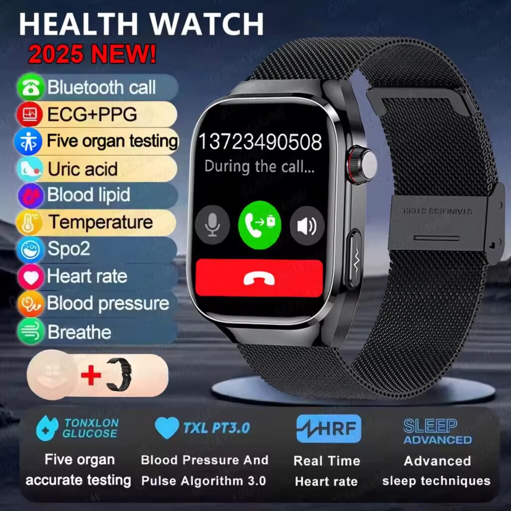 Black 2025 health tracking smart watch displaying an incoming call screen on its face
