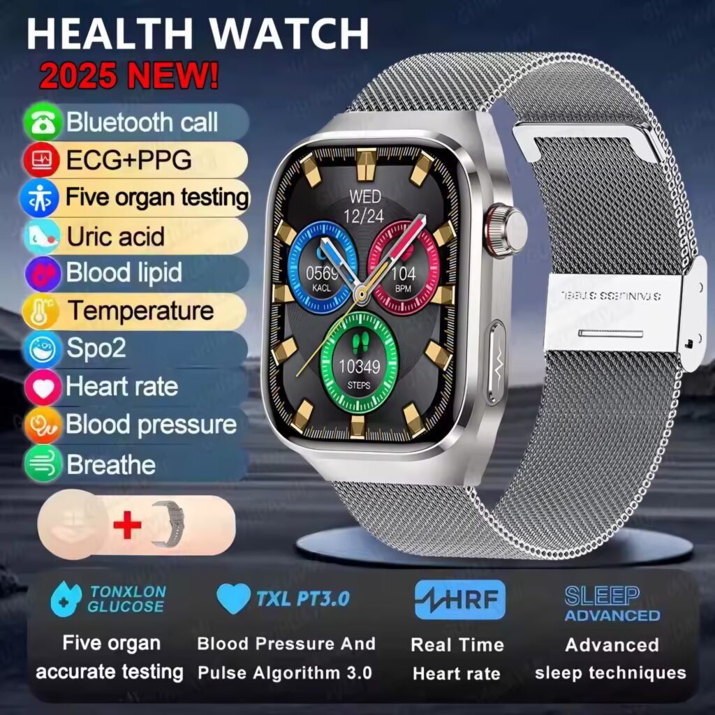 2025 Micro Physical Examination Smart Watch in grey mesh band showing multiple health icons on its display