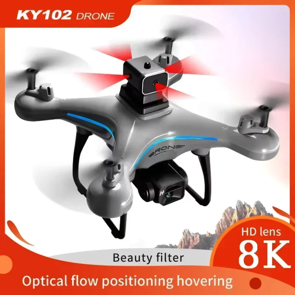Lenovo KY102 Drone showing 8K HD lens, beauty filter, and optical flow positioning for stable hovering