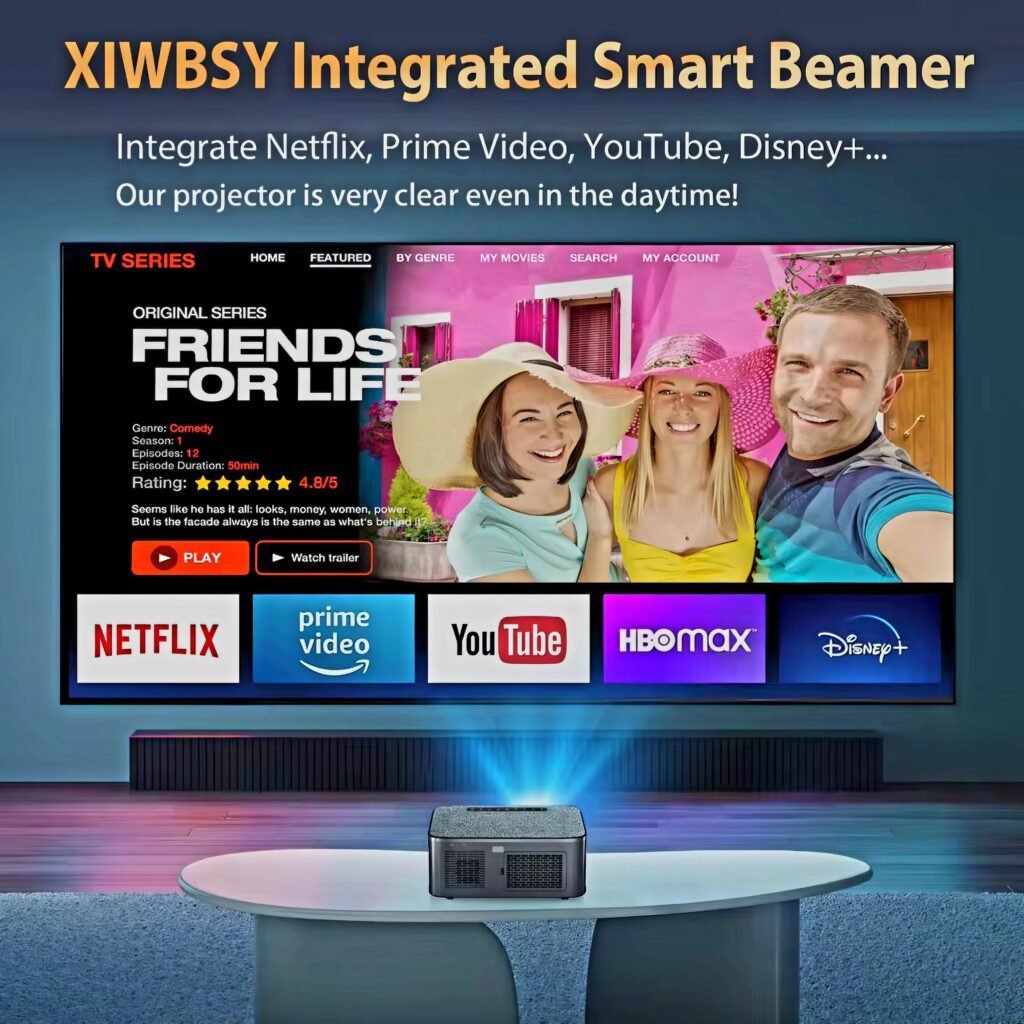 XIWBSY T08 smart projector interface displaying streaming apps like Netflix and YouTube