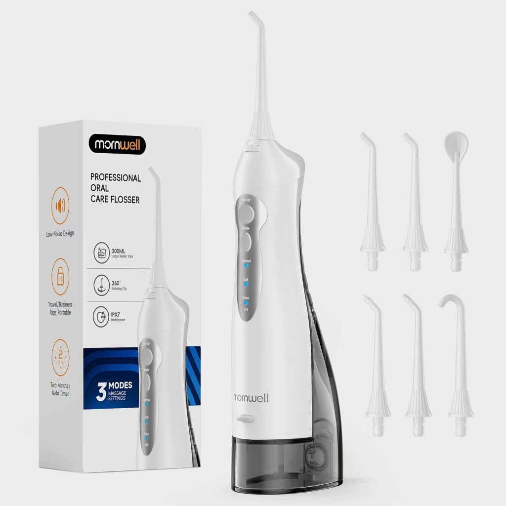 Mornwell D52 Portable Cordless Water Flosser with multiple jet tips