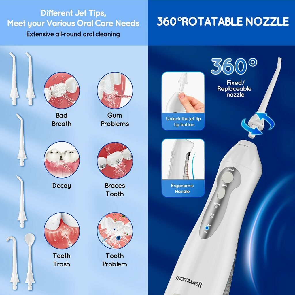 Mornwell D52 water flosser 360 degree rotatable nozzle and various tips