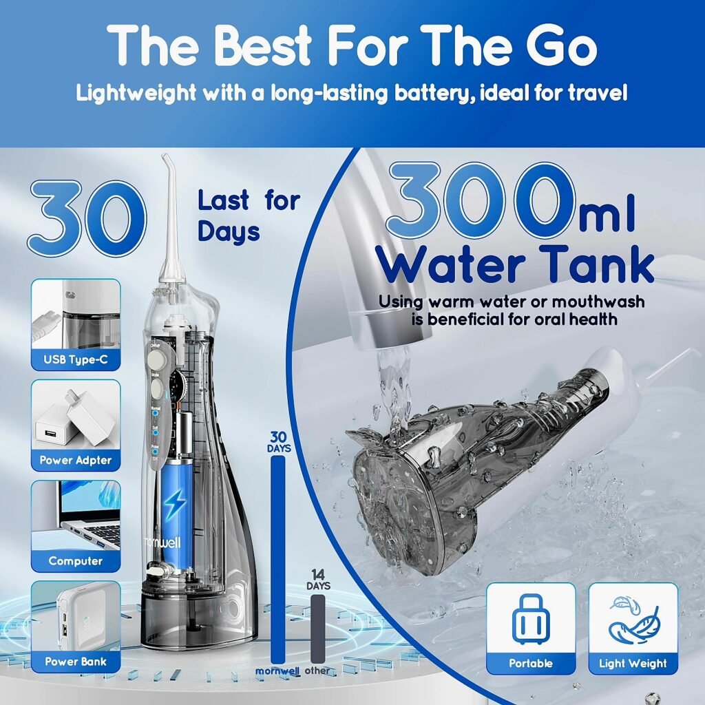 Mornwell D52 portable water flosser with 300ml tank and 30 day battery life