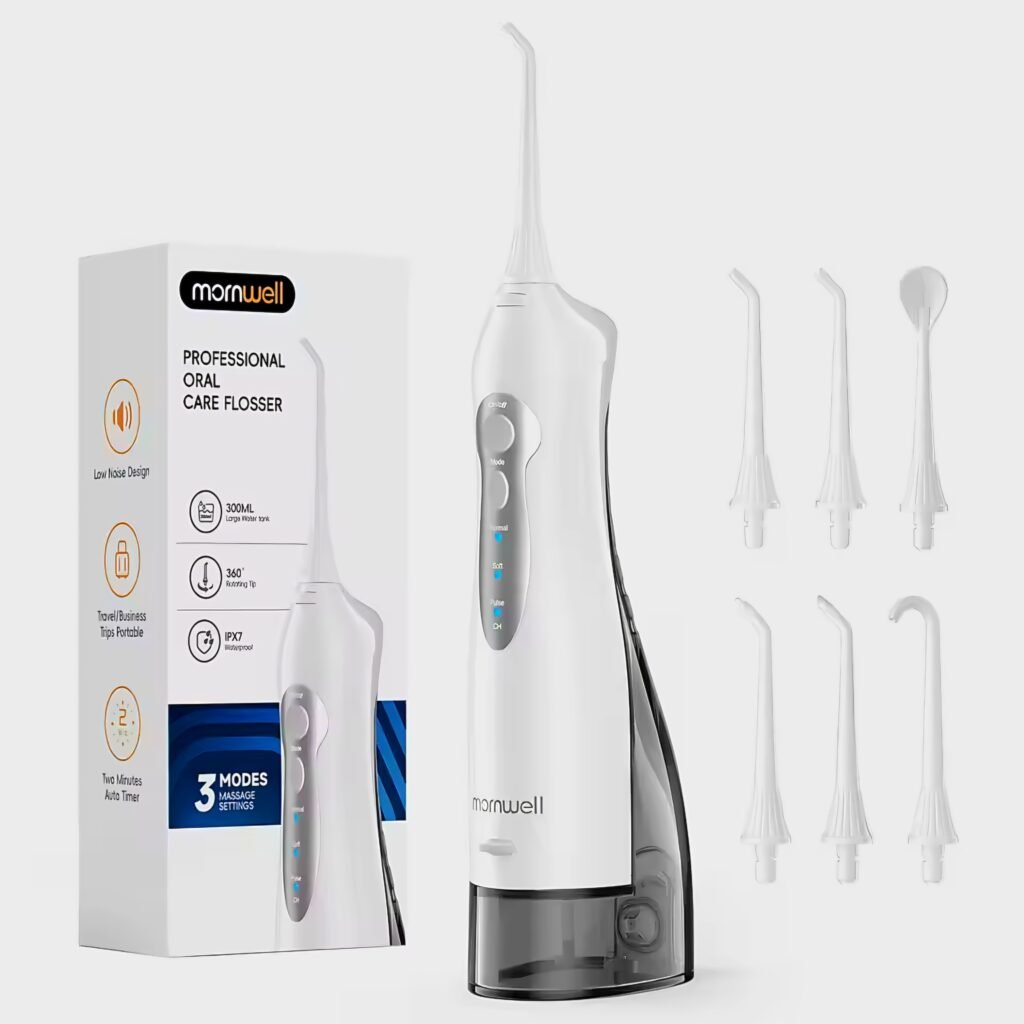 Mornwell D52 water flosser and its 7 interchangeable jet tips