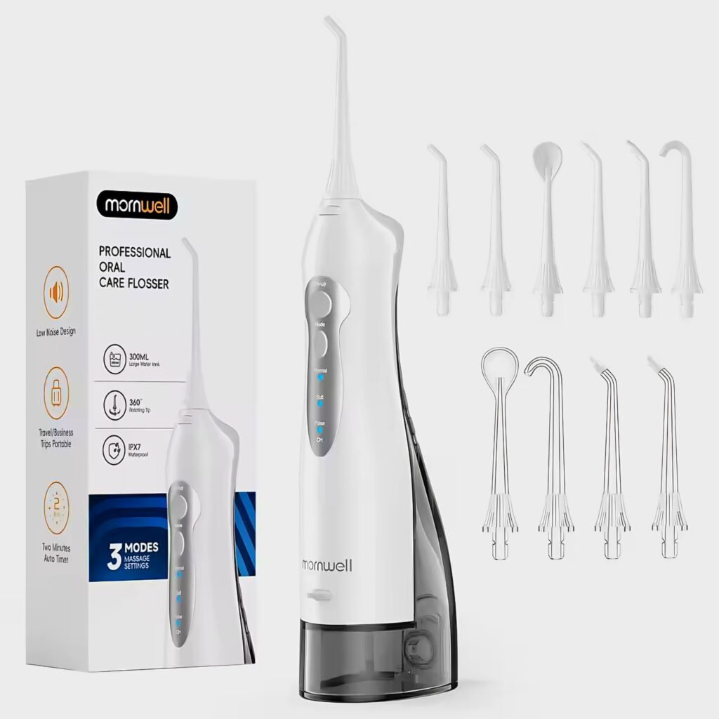 Mornwell D52 water flosser in white with various jet tips