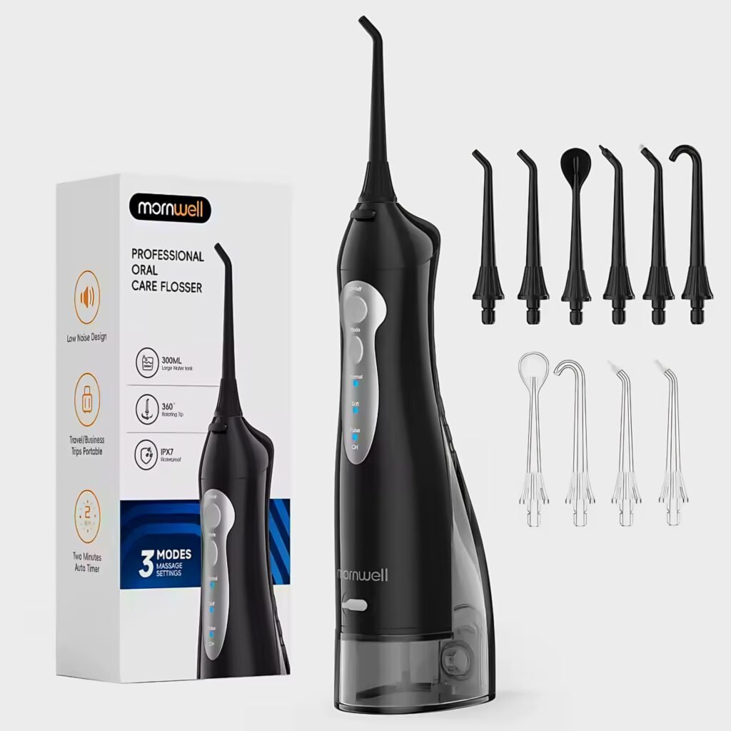 Mornwell D52 portable water flosser in black with dental tips