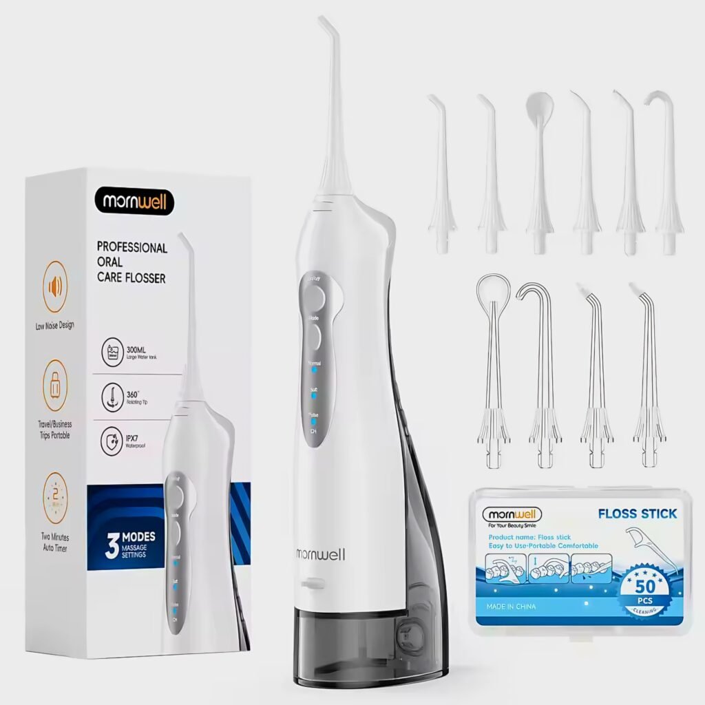 Mornwell D52 oral irrigator white version with packaging and accessories