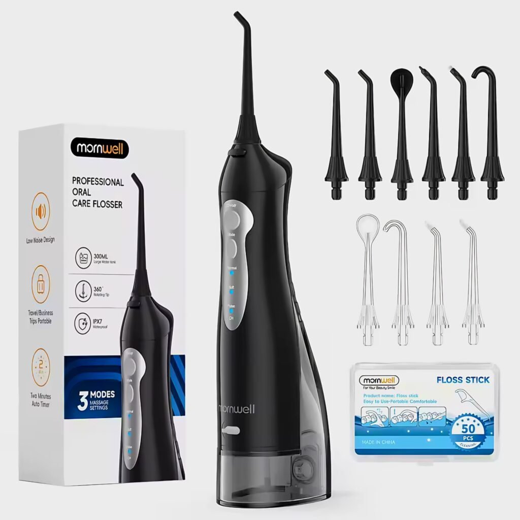 Mornwell D52 water flosser black model with floss stick for daily oral care