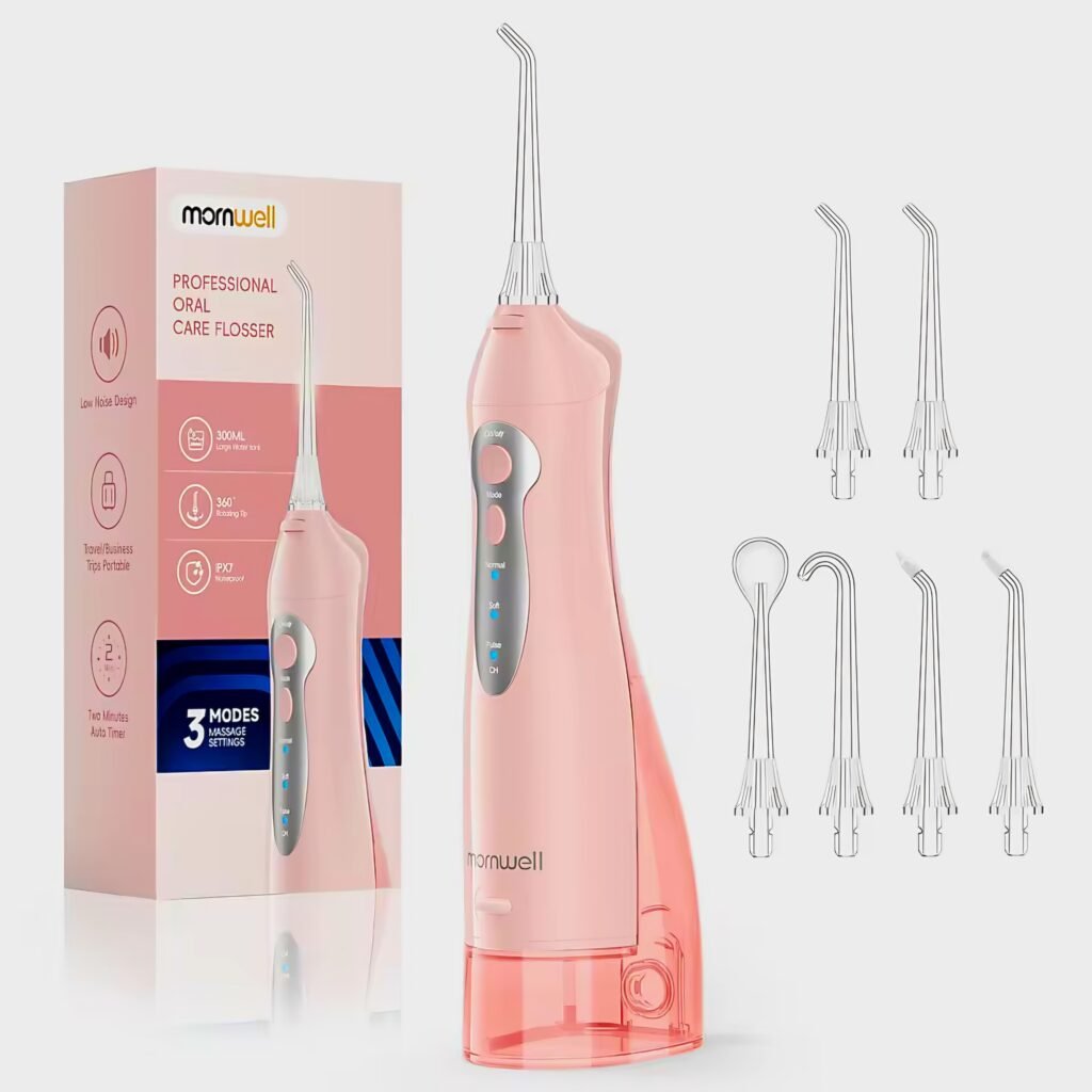 Mornwell D52 water flosser in pink with multiple flossing tips