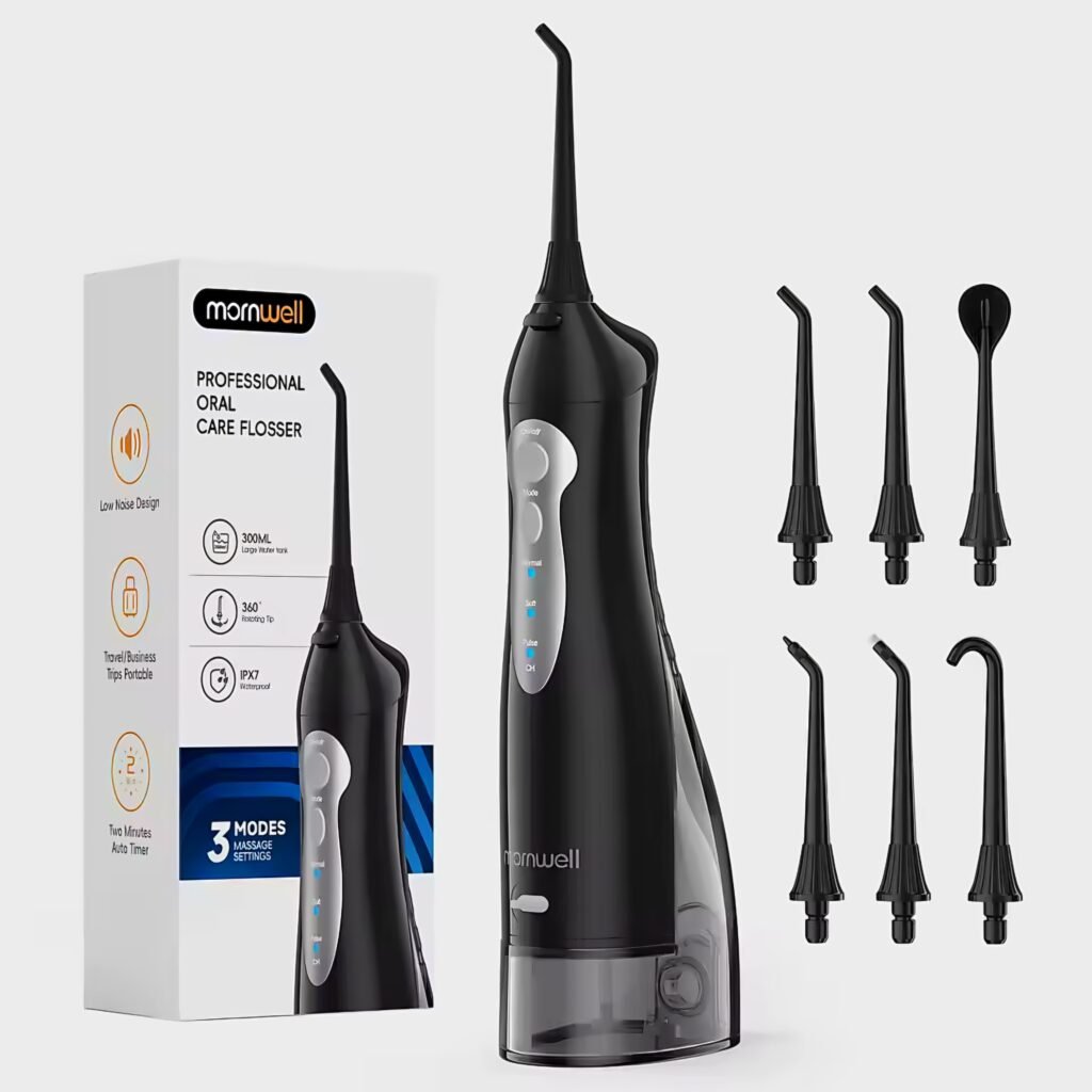 Mornwell D52 portable water flosser black version with varied cleaning nozzles