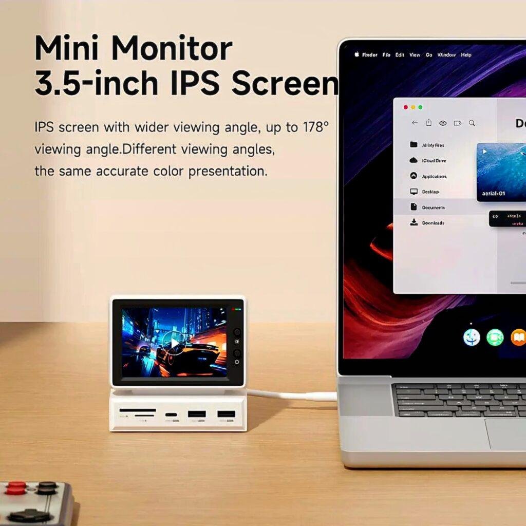 Hagibis 3.5-inch IPS mini screen connected to a MacBook as a sub-display
