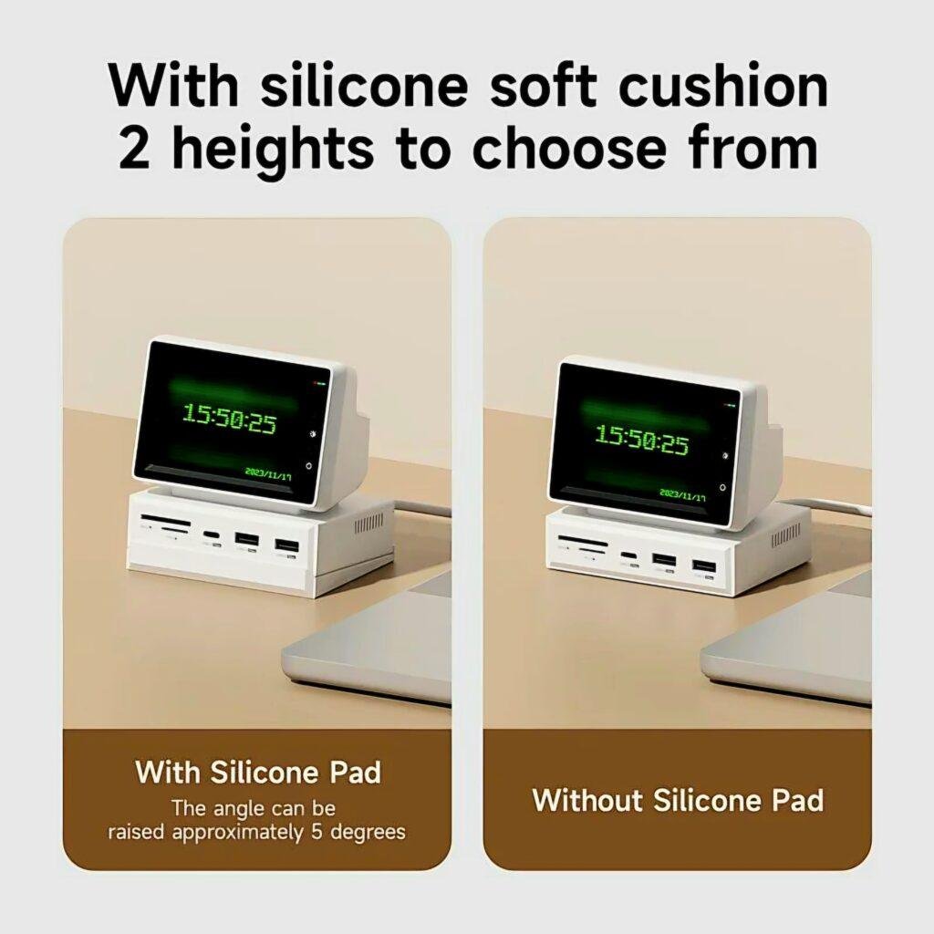 Hagibis Mini PC Monitor with silicone soft cushion showing two different height angles
