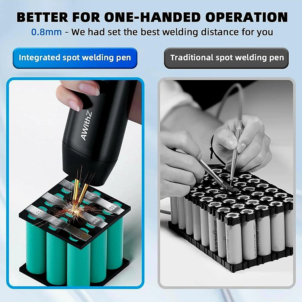 Using the AWithZ handheld spot welder with one hand on 18650 batteries