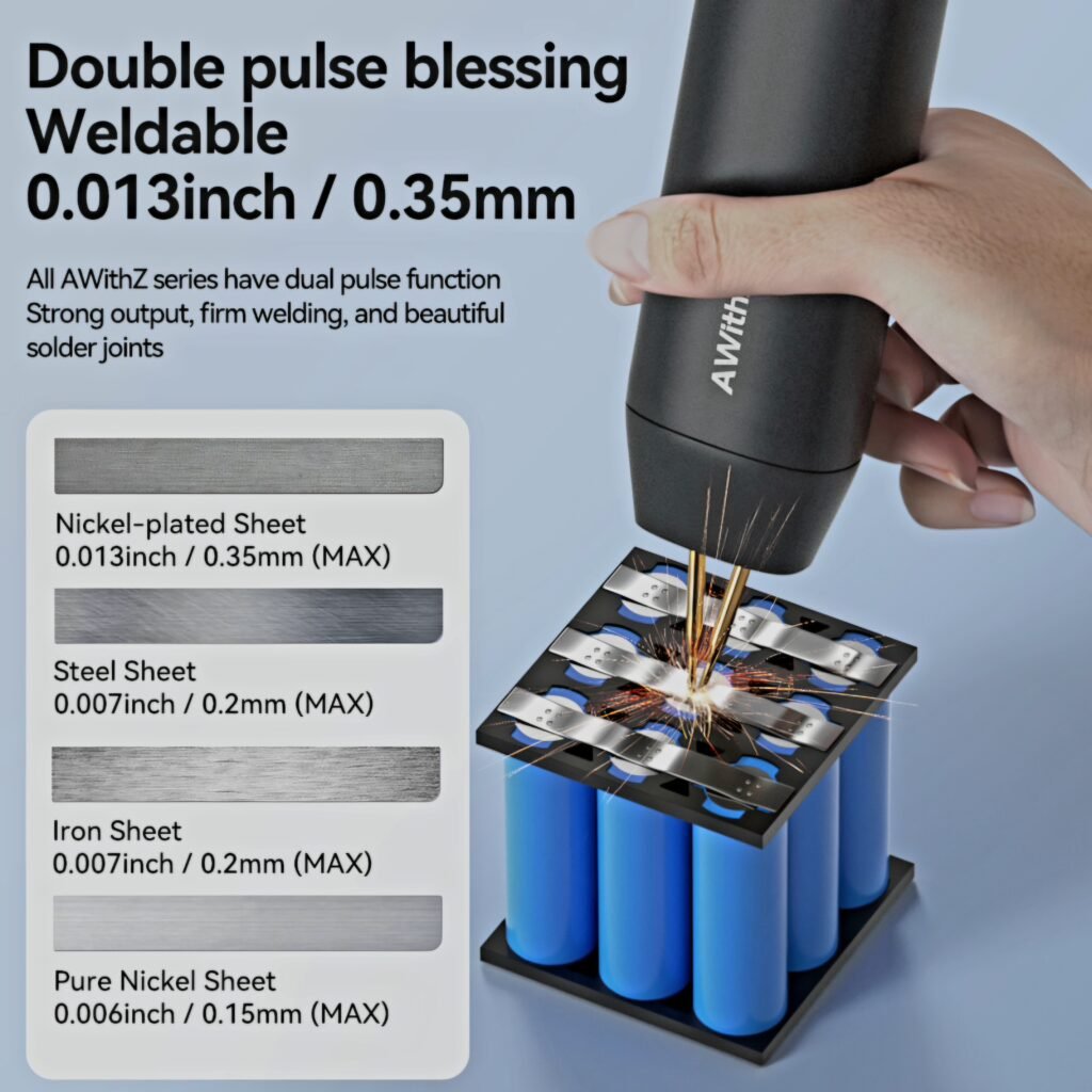 Close-up of AWithZ spot welder creating a double pulse weld on nickel strip