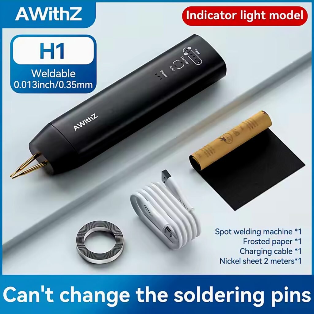 AWithZ H1 spot welder model showing fixed soldering pins next to accessories