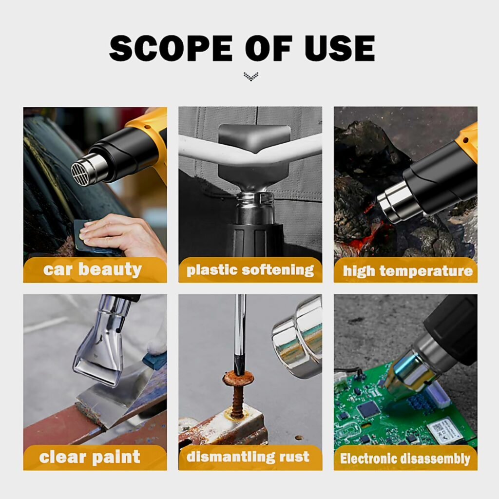Various uses of industrial heat gun for car wrapping paint removal and soldering
