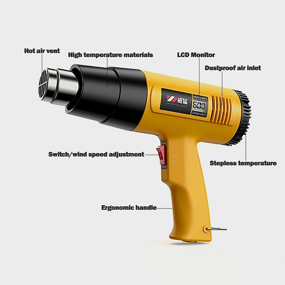 Side view of adjustable temperature heat gun showing controls and ergonomic handle