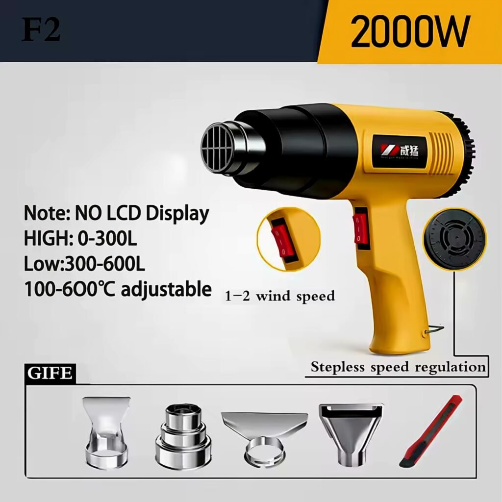 2000W industrial heat gun model F2 with stepless knob regulation and no LCD