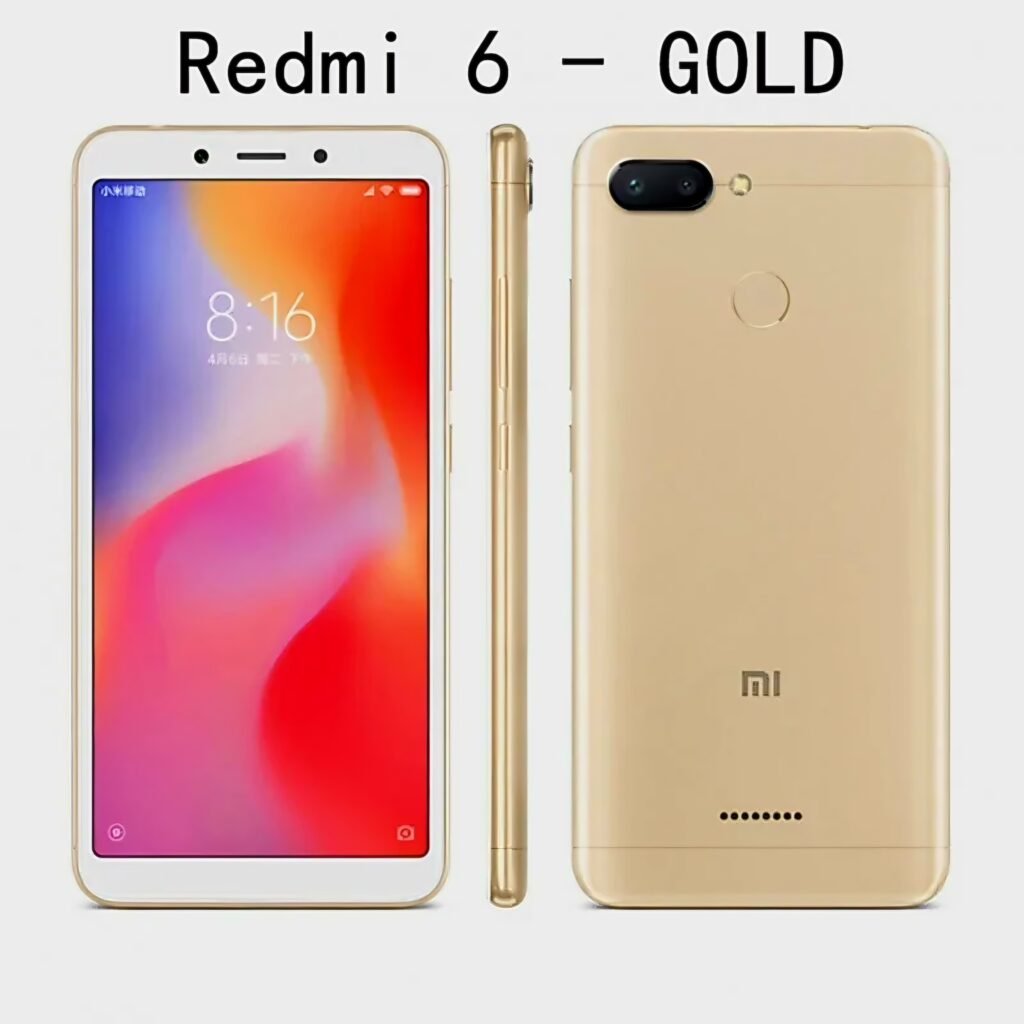 Gold Xiaomi Redmi 6 4GB 64GB front, side and back view