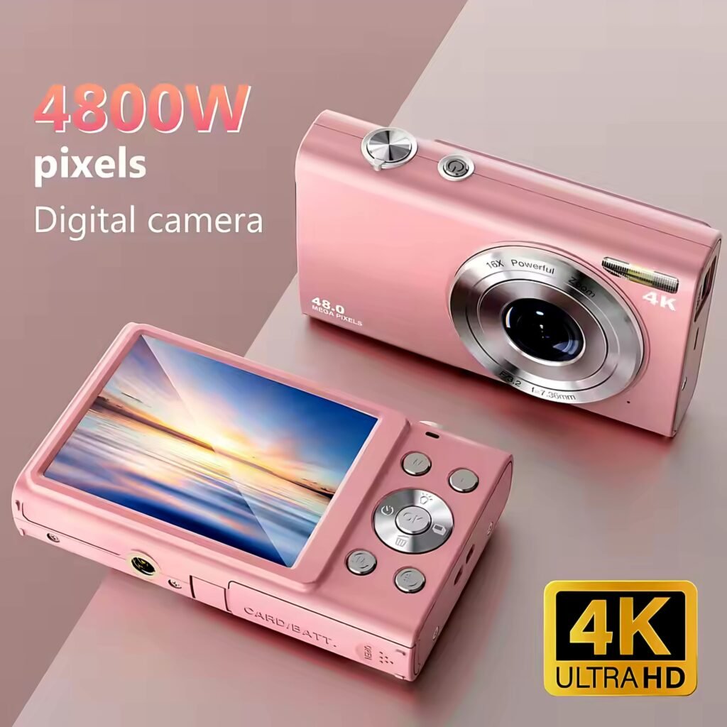4K Digital Camera Review showing pink retro style camera with 48MP sensor