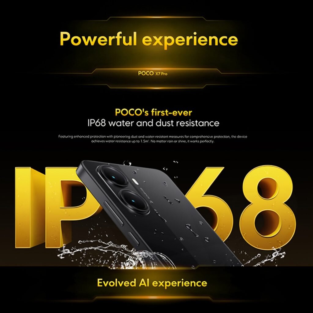 Black Xiaomi POCO X7 Pro IP68 water and dust resistance test