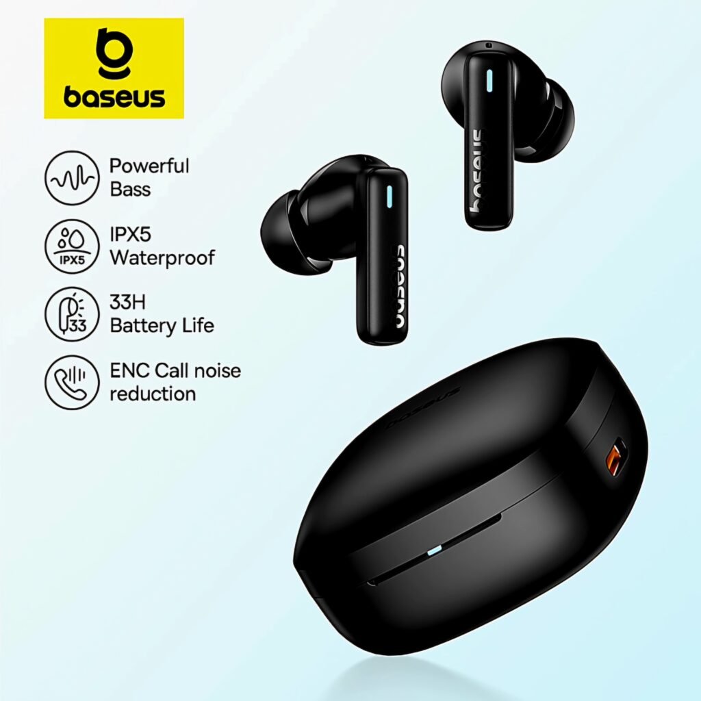 Baseus Bowie E19 wireless earbuds with charging case and key features Review