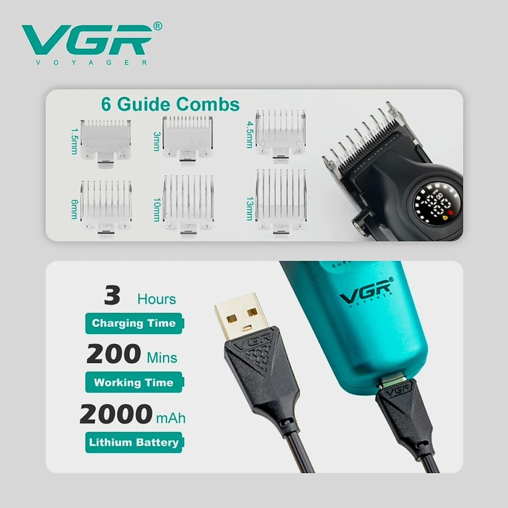 VGR 196 Professional Hair Clipper DLC blade head and USB charging cable