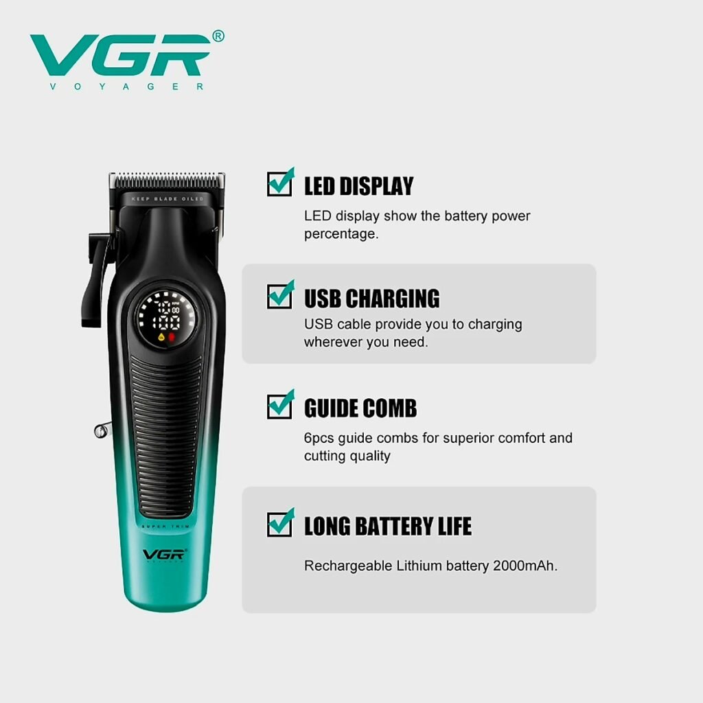 Teal color VGR 196 Professional Hair Clipper with LED display and 2000mAh battery