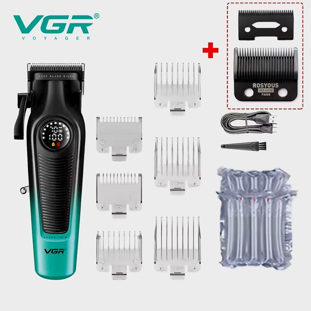 VGR 196 Professional Hair Clipper bundle with extra blades and bubble wrap packaging