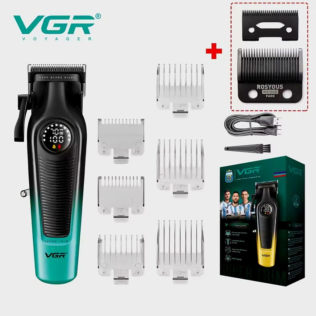 Full kit of VGR 196 Professional Hair Clipper with guide combs and charging cable