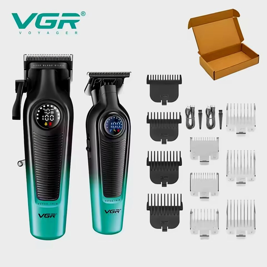 VGR 196 Professional Hair Clipper and mini detail trimmer combo set in a brown box