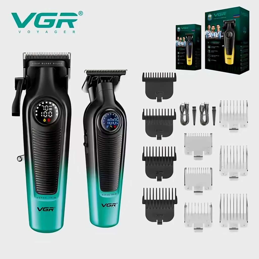 VGR 196 Professional Hair Clipper grooming set with a secondary detail trimmer and official packaging